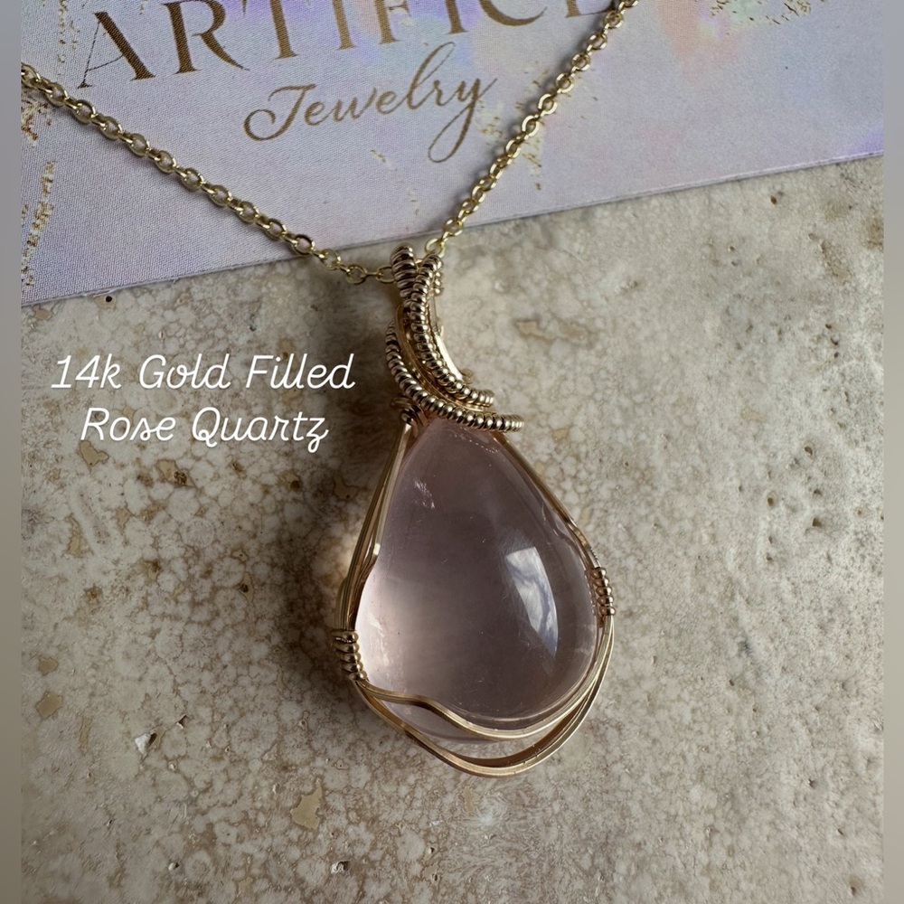 14k Gold Filled Rose Quartz Teardrop Necklace with 18 inch GF Chain
